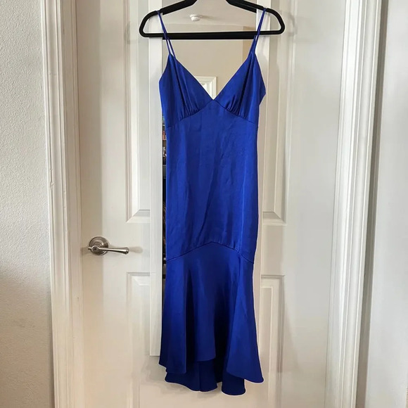 100 THEIA Plunge Necklune Midi Dress Size 2 Color Blue - Picture 3 of 8